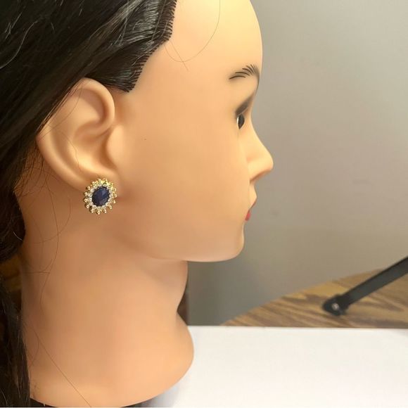 Faux, gold tone blue faceted w/clear rhinestones pierced earrings - Picture 8 of 9